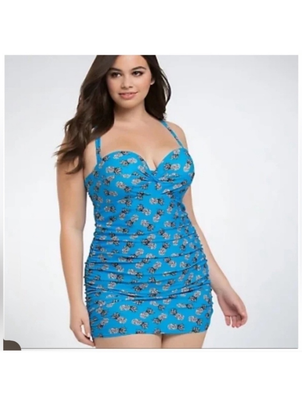 Blue Pineapple Floral Ruched Torrid Swimdres